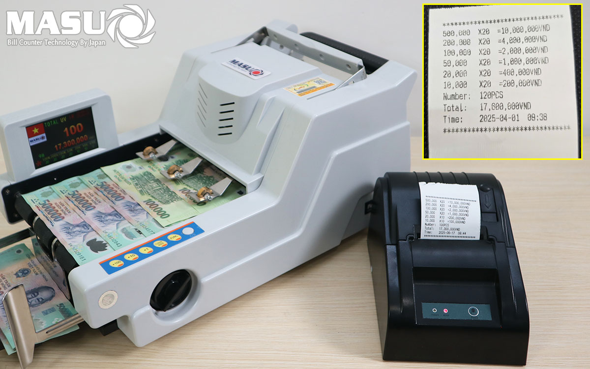 Combo máy đếm tiền MASU 999 Plus và máy in hóa đơn