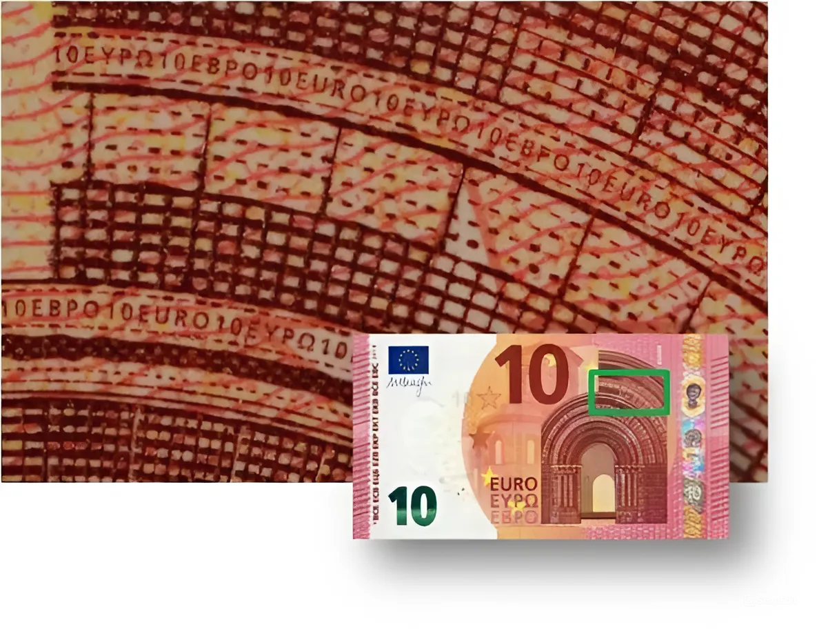 Kiểm tra chữ in siêu nhỏ bằng kính lúp trên tờ Euro